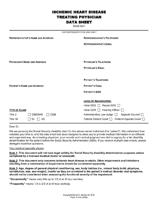 Ischemic Heart Disease Treating Physician Data Sheet