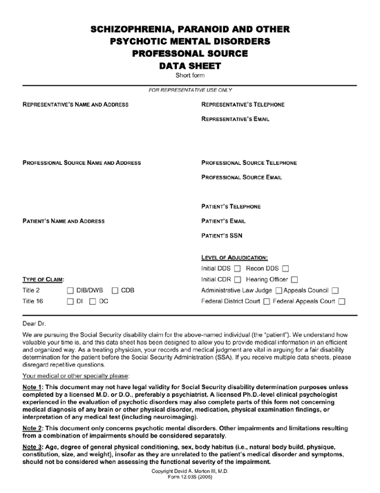 Schizophrenia / Mental Disorder Professional Source Data Sheet